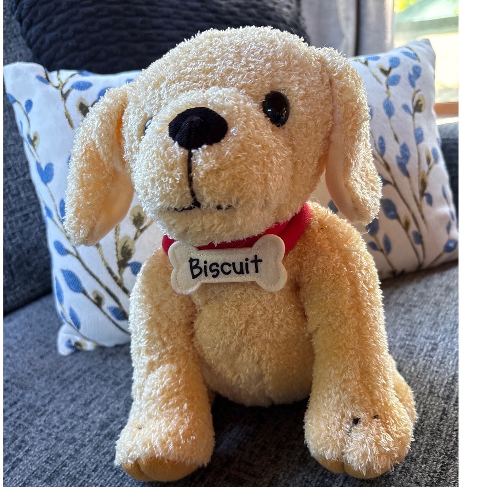 MerryMakers Biscuit the Little Yellow Puppy Plush Dog 8 Inch Red Collar Toy